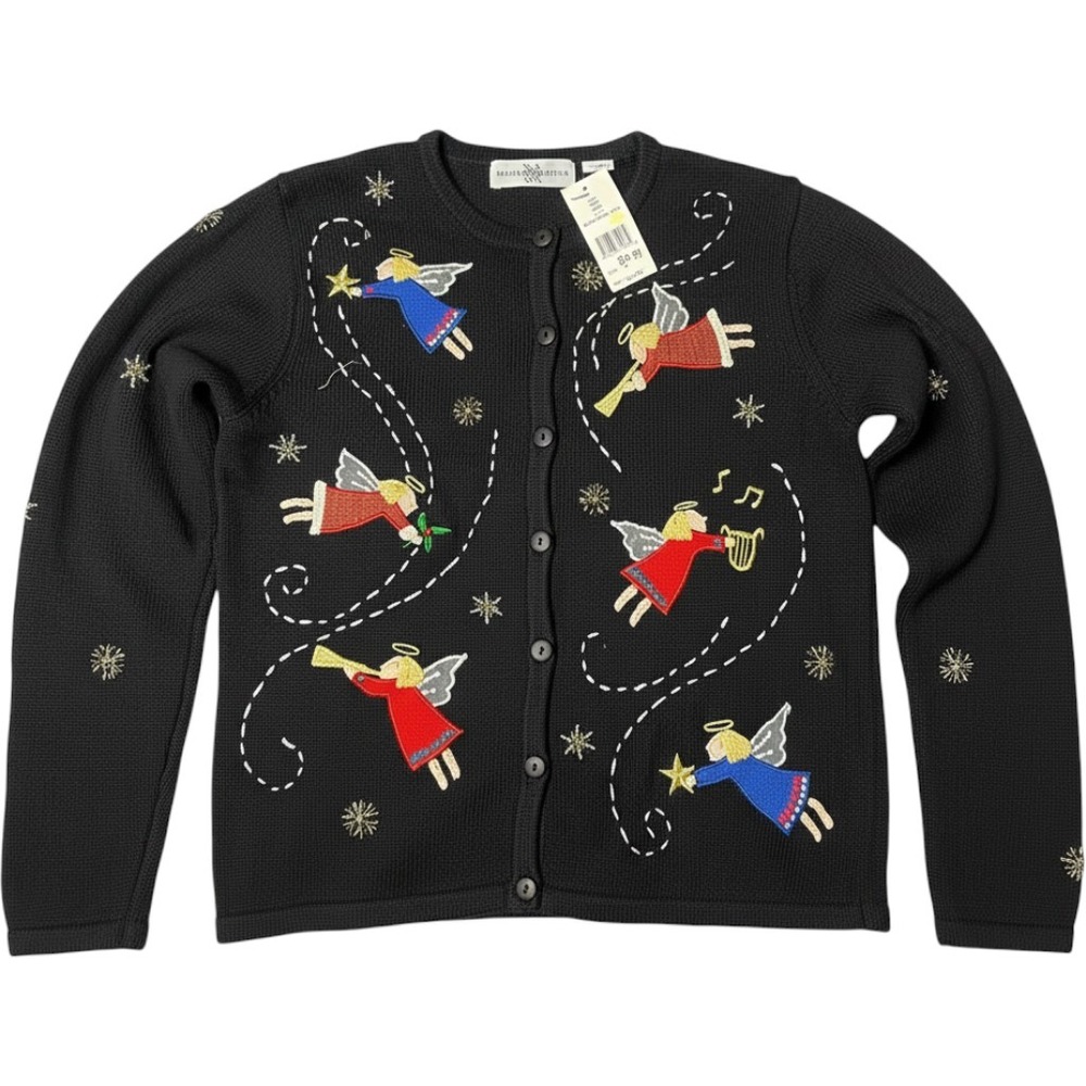 Marisa Christina Christmas Angel Cardigan Sweater Black Embroidered NEW small